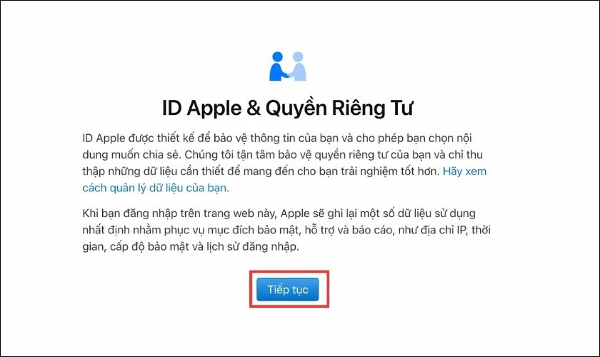 Đọc qua c&aacute;c điều khoản về quyền ri&ecirc;ng tư v&agrave; click chuột chọn v&agrave;o Tiếp tục